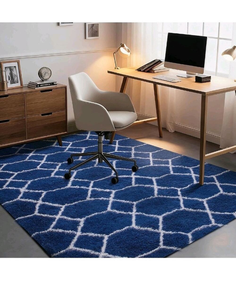 Fluffy Rug for Living Room, Soft Modern 8x10 Blue and White Shag Area Rugs